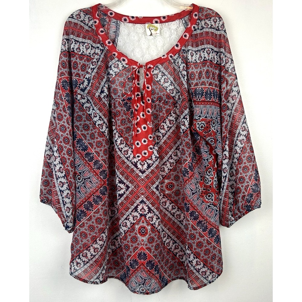 Fig and Flower Top Women XL Blouse Floral Sheer Hippie Boho Flowy Peasant Read